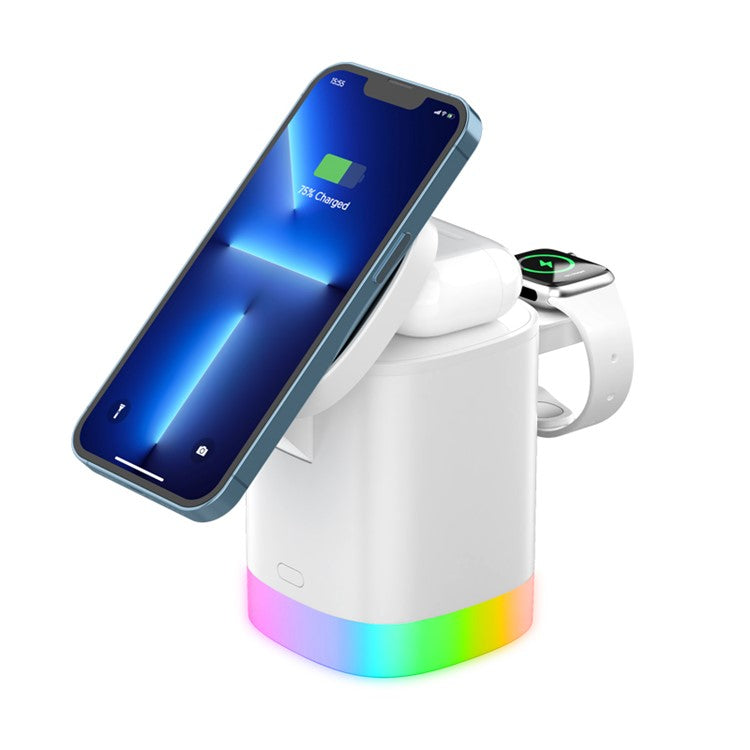 T15 3 in 1 Magnetic Wireless Charger Folding Charging Stand for iPhone iWatch AirPods Cordless Charging Station with RGB Light - White