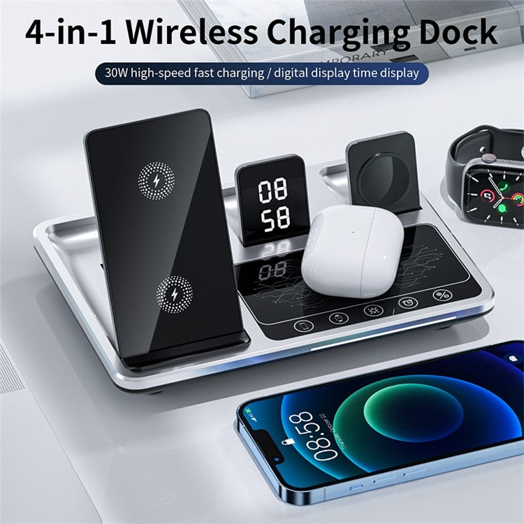 R11 Multifunctional 4 in 1 Wireless Charger Folding Portable Charging Station with Digital Display, White Light, Time Function