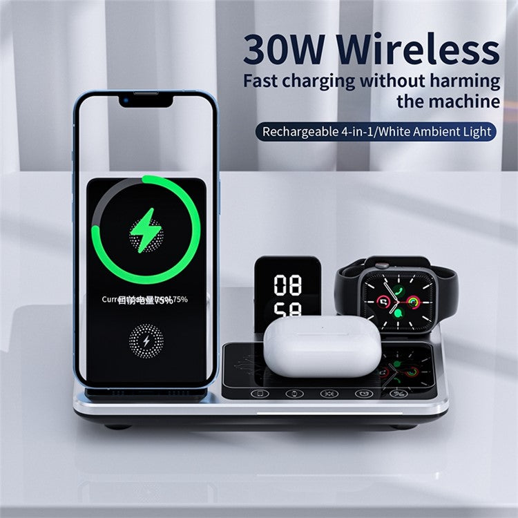 R11 Multifunctional 4 in 1 Wireless Charger Folding Portable Charging Station with Digital Display, White Light, Time Function