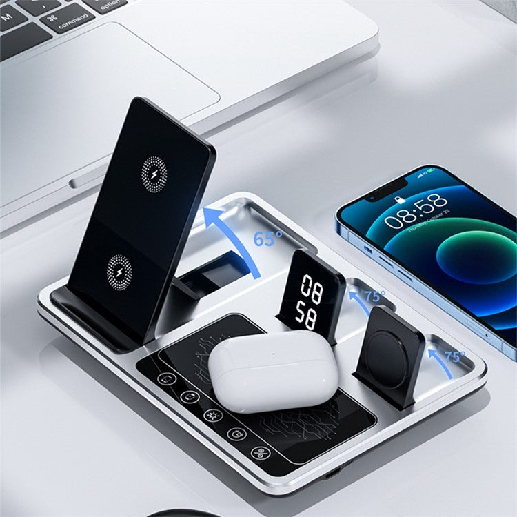 R11 Multifunctional 4 in 1 Wireless Charger Folding Portable Charging Station with Digital Display, White Light, Time Function