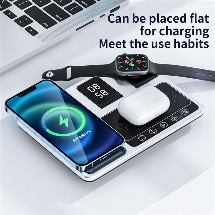 R11 Multifunctional 4 in 1 Wireless Charger Folding Portable Charging Station with Digital Display, White Light, Time Function