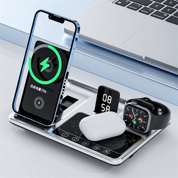 R11 Multifunctional 4 in 1 Wireless Charger Folding Portable Charging Station with Digital Display, White Light, Time Function