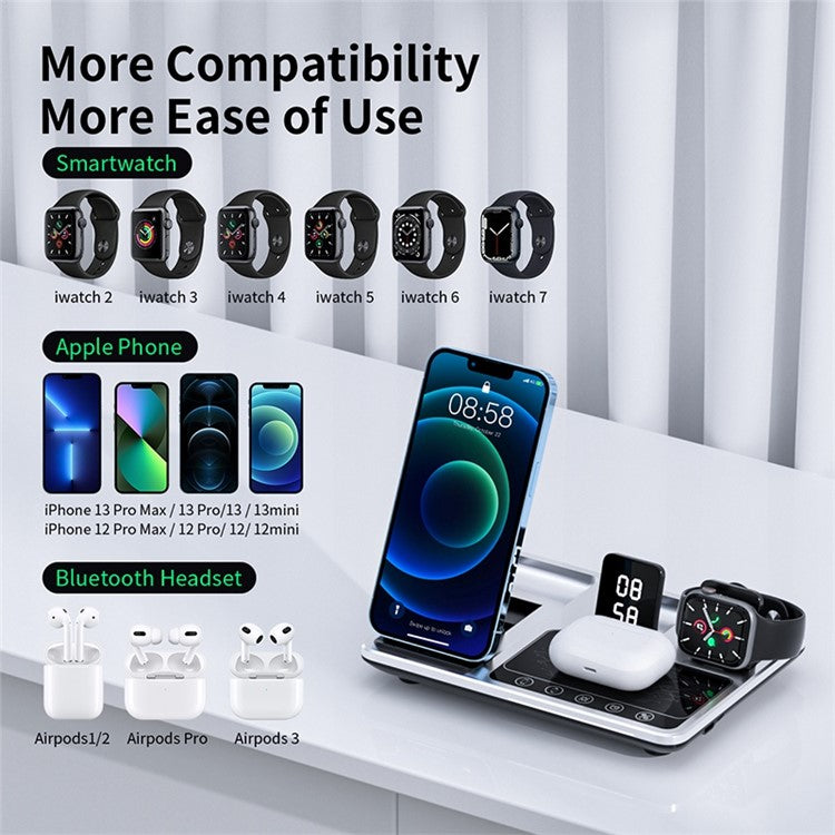 R11 Multifunctional 4 in 1 Wireless Charger Folding Portable Charging Station with Digital Display, White Light, Time Function