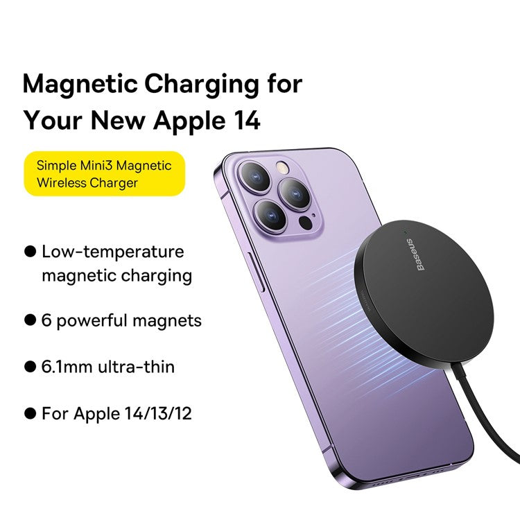 BASEUS Simple Mini3 Magnetic Wireless Charger 15W Slim Round Wireless Charging Pad - Black