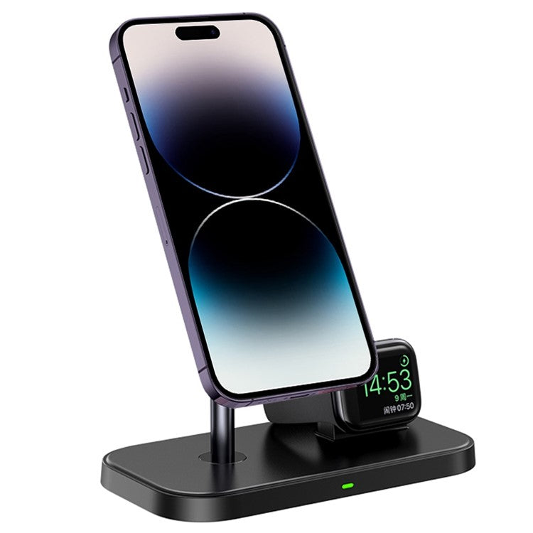 ZHX-WA21 2-in-1 Magnetic Wireless Charger Desktop Charging Stand for iPhone 12 / 13 / 14 Series, iWatch Anti-Slip 60-Degrees Adjustable Charging Station - Black