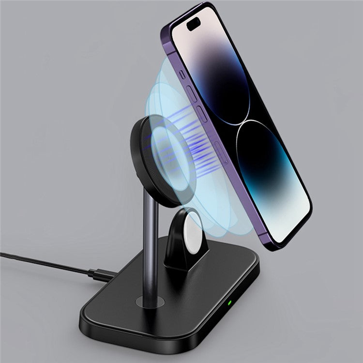 ZHX-WA21 2-in-1 Magnetic Wireless Charger Desktop Charging Stand for iPhone 12 / 13 / 14 Series, iWatch Anti-Slip 60-Degrees Adjustable Charging Station - Black