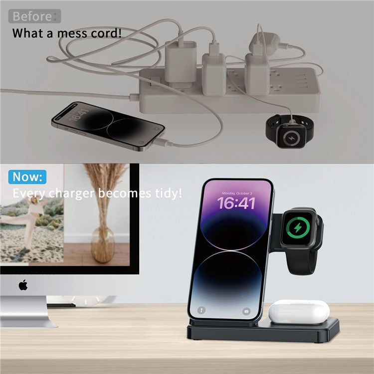 Z5G 3-in-1 15W Wireless Charger Multifunction Fast Charger Folding Charging Station for Qi Phones / Headphones / iWatch - Black