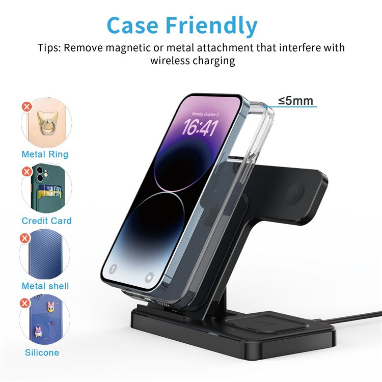 Z5G 3-in-1 15W Wireless Charger Multifunction Fast Charger Folding Charging Station for Qi Phones / Headphones / iWatch - Black