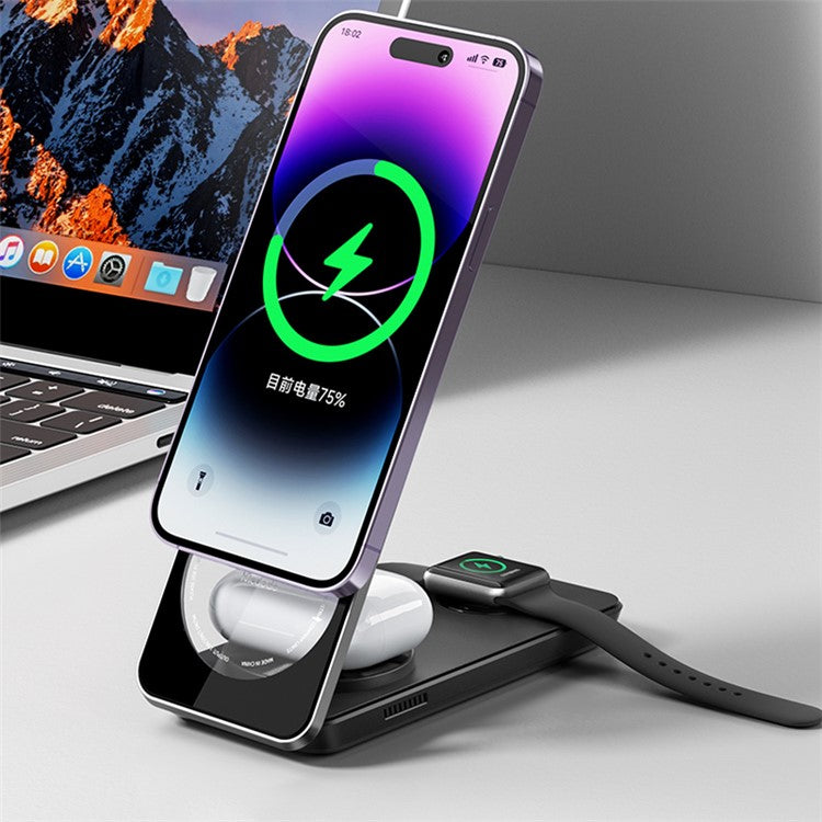 MCDODO CH-115 3-in-1 Magnetic Wireless Charger Strong Adsorption Folding Fast Charging Stand iPhone 12  /  13  /  14 Series Mobile Phones - Black