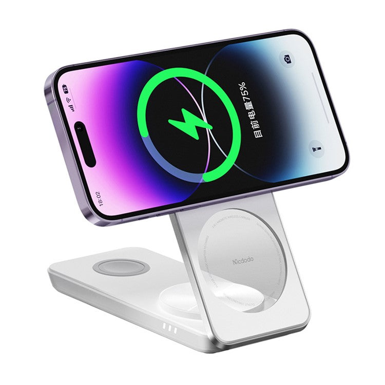 MCDODO CH-115 3-in-1 Magnetic Wireless Charger Strong Adsorption Folding Fast Charging Stand iPhone 12  /  13  /  14 Series Mobile Phones - White