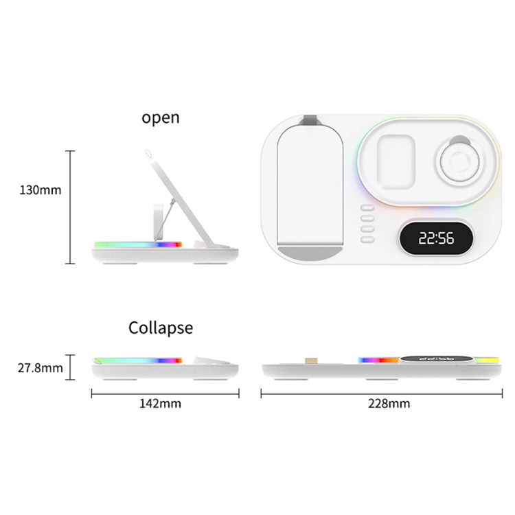 A06 4-in-1 Phone Watch Earphone Wireless Charger Digital Clock 15W Phone Wireless Charging Stand with RGB Light (for Samsung Smart Watch) - Black