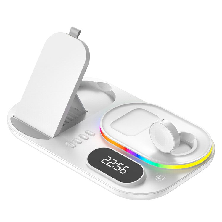 A06 4-in-1 Phone Watch Earphone Wireless Charger Digital Clock 15W Phone Wireless Charging Stand with RGB Light (for Samsung Smart Watch) - White