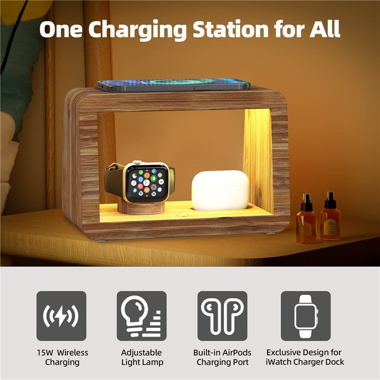 DCR-028 Bamboo 5-in-1 Wireless Charger Mobile Phone Charging Stand with Digital Alarm Clock, Night Light, Desktop Smart Watch Charging Station - EU Plug