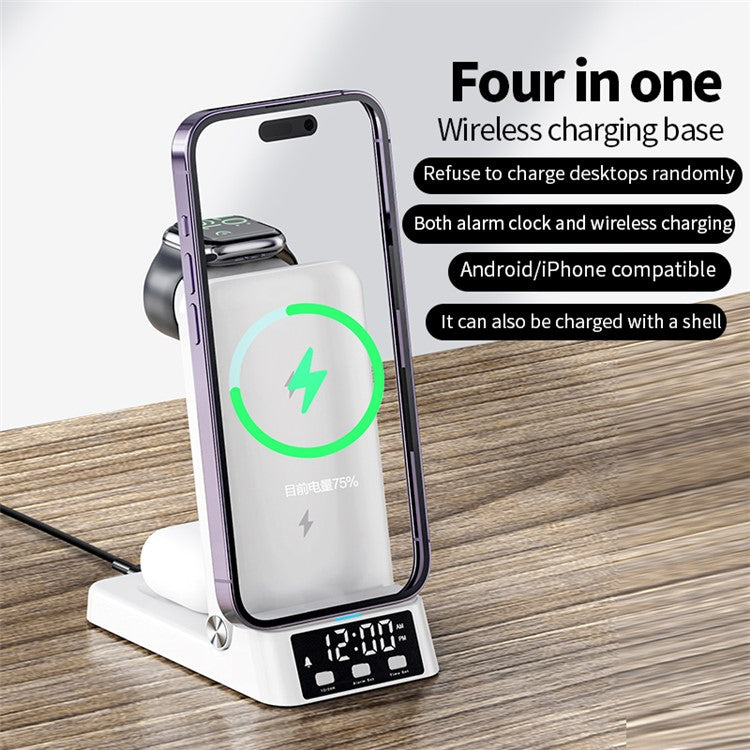 A60 4-in-1 15W Wireless Charger Folding Cell Phone Charging Stand Headset Smart Watch Charging Station with Clock (For Apple Watch Version) - Black