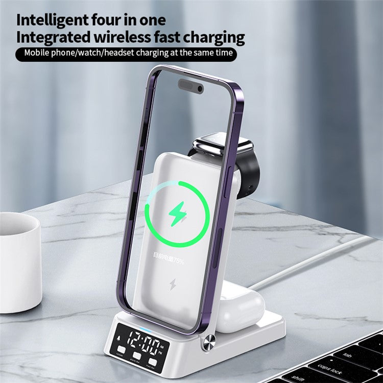 A60 4-in-1 15W Wireless Charger Folding Cell Phone Charging Stand Headset Smart Watch Charging Station with Clock (For Apple Watch Version) - Black