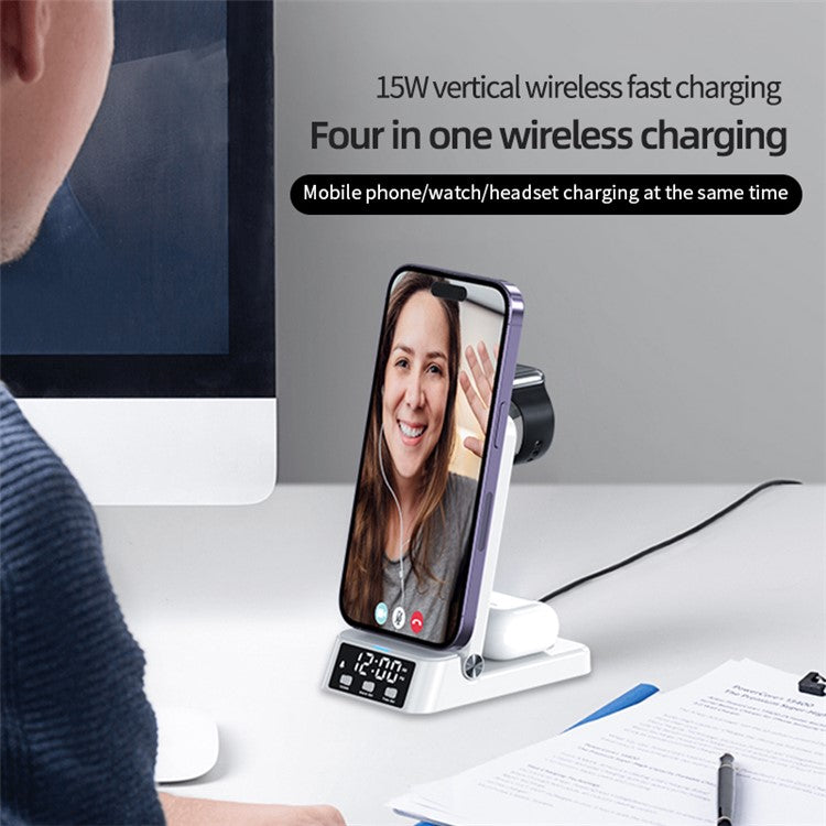 A60 4-in-1 15W Wireless Charger Folding Cell Phone Charging Stand Headset Smart Watch Charging Station with Clock (For Apple Watch Version) - Black