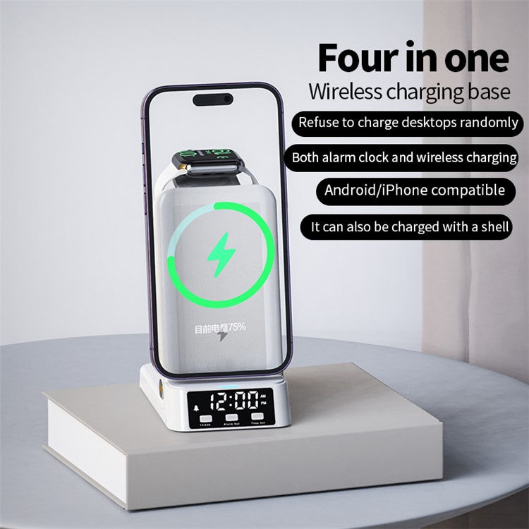 A60 4-in-1 15W Wireless Charger Folding Cell Phone Charging Stand with Clock Bluetooth Earbuds Smart Watch Charging Station (For Samsung Watch Version) - Black