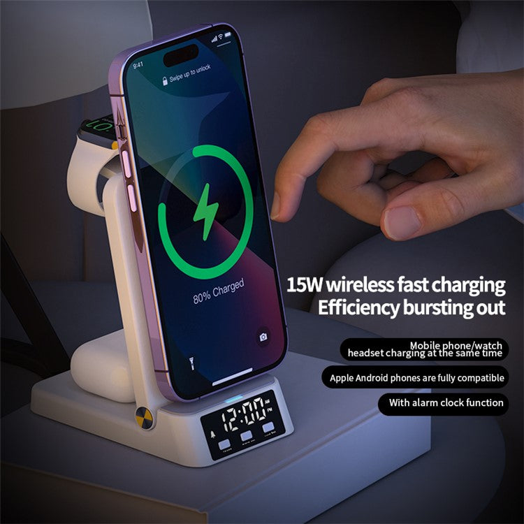 A60 4-in-1 15W Wireless Charger Folding Cell Phone Charging Stand with Clock Bluetooth Earbuds Smart Watch Charging Station (For Samsung Watch Version) - Black