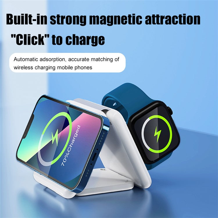 P14 3-in-1 Folding 15W Magnetic Wireless Charger Portable Charging Pad with Indicator Light for iPhone 12 / 13 / 14 Series - White