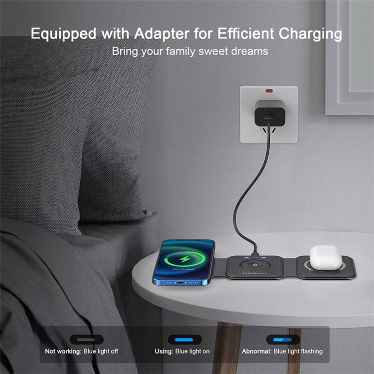 QGEEM WC07 3-in-1 Magnetic Wireless Charger Folding Fast Charging Station for iPhone 13 / 12 / SE - US Plug