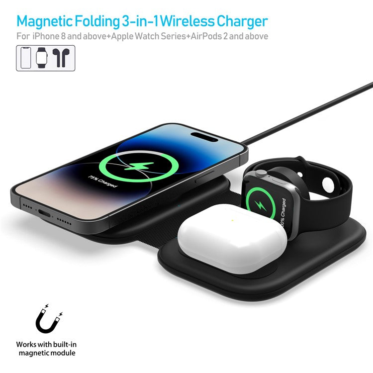 F20P For iPhone / Apple Watch / AirPods / Samsung Galaxy Buds Magnetic Folding 3-in-1 Wireless Charger Charging Pad (QI / CE Certified) - Black