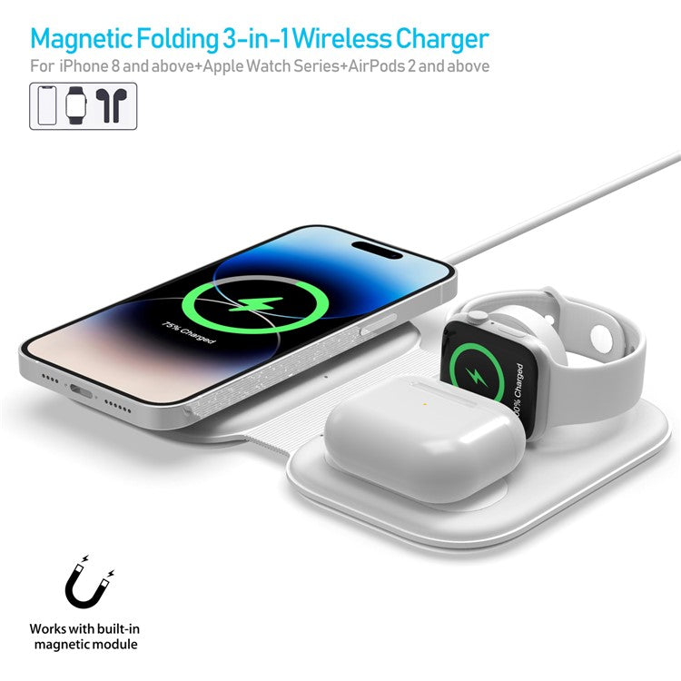 F20P For iPhone / Apple Watch / AirPods / Samsung Galaxy Buds Magnetic Folding 3-in-1 Wireless Charger Charging Pad (QI / CE Certified) - White