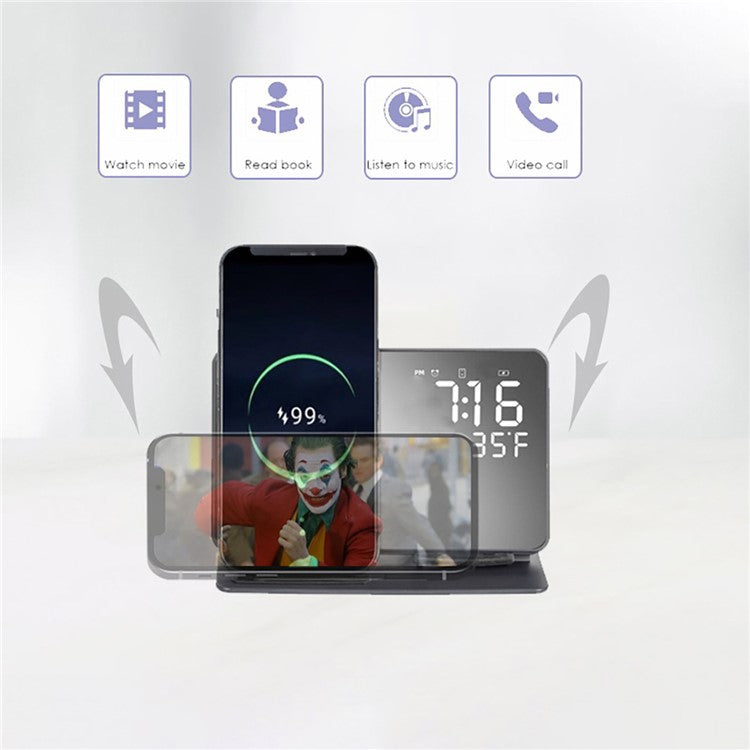 W669B Digital Alarm Clock 2-in-1 15W Wireless Charger Station Bedroom Mirror Clock for iWatch / Smartphone / Earphones