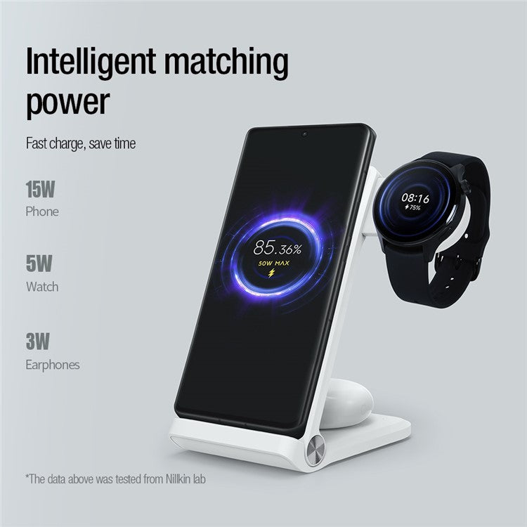 NILLKIN PowerTrio 3-in-1 Wireless Charger Mobile Phone Earbuds Charging Station with Smart Watch Charger Adapter for Xiaomi Watch S1 Pro (EU Plug)