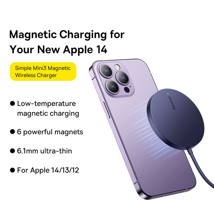 BASEUS Simple Mini3 Magnetic Wireless Charger Slim Lightweight 15W Charging Pad with 1.2m Charging Cable - Purple