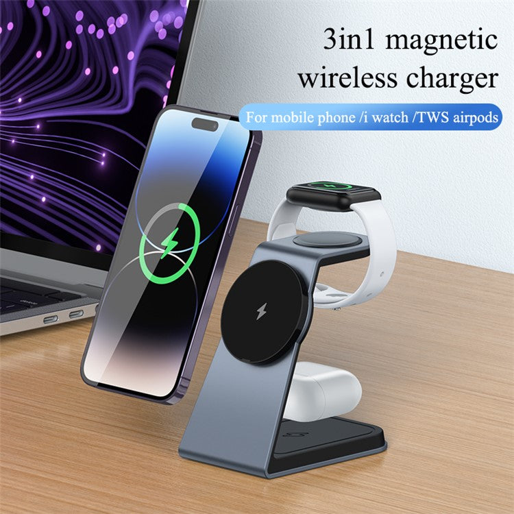 IFORCE T3 3-in-1 Magnetic Wireless Charger 15W Fast Charging Stand Dock for iWatch AirPod Phone - Grey