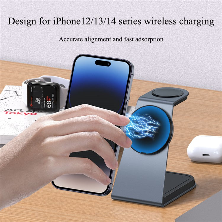 IFORCE T3 3-in-1 Magnetic Wireless Charger 15W Fast Charging Stand Dock for iWatch AirPod Phone - Grey