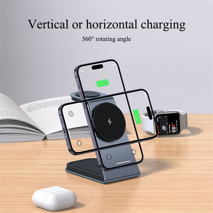 IFORCE T3 3-in-1 Magnetic Wireless Charger 15W Fast Charging Stand Dock for iWatch AirPod Phone - Grey