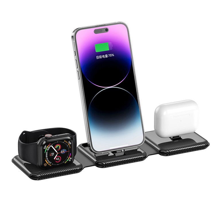 A75 3-in-1 Folding Wireless Charger Portable Charging Pad with Lightning Connector for iPhone Series, iWatch, AirPods - Black