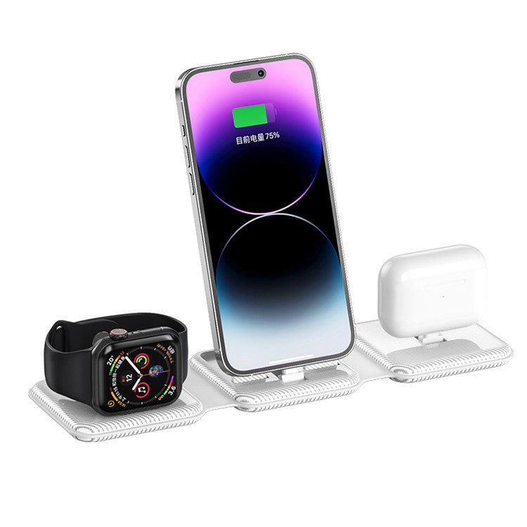 A75 3-in-1 Folding Wireless Charger Portable Charging Pad with Lightning Connector for iPhone Series, iWatch, AirPods - White