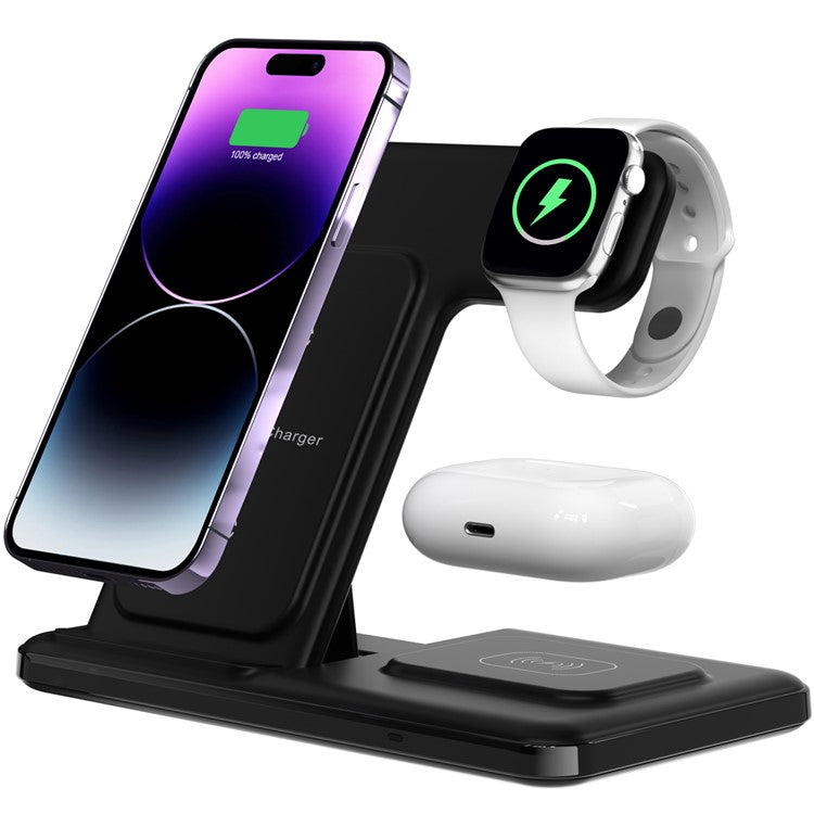 Q50A 3-in-1 Foldable Wireless Charger Desktop Phone Watch Earphone Fast Charging Dock Stand - Black