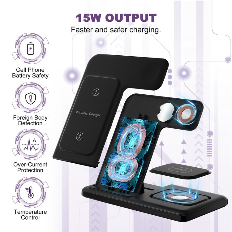 Q50A 3-in-1 Foldable Wireless Charger Desktop Phone Watch Earphone Fast Charging Dock Stand - Black