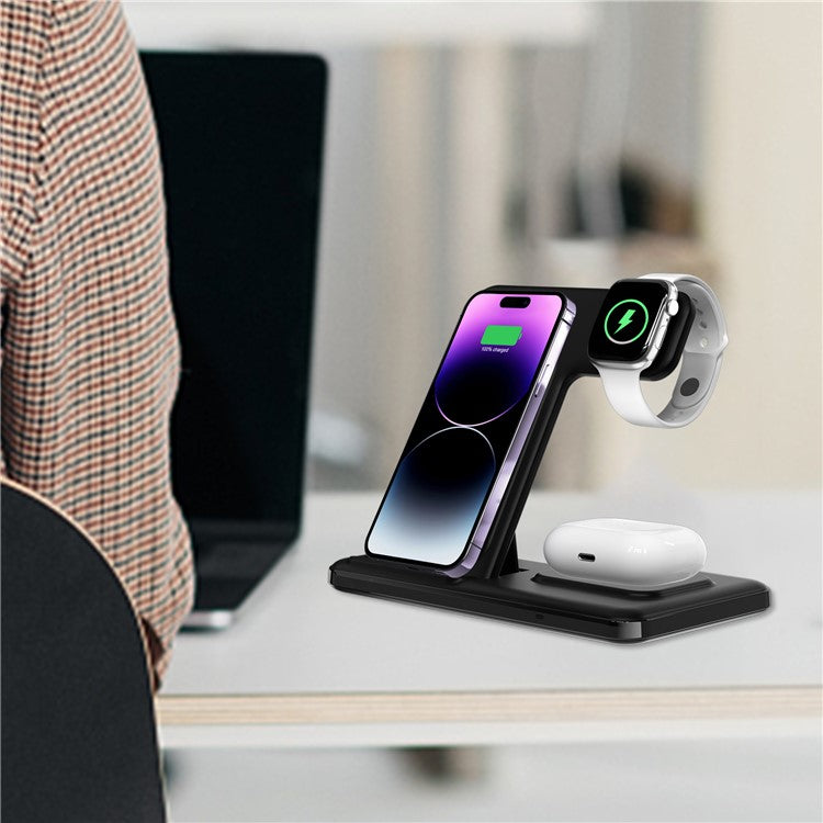 Q50A 3-in-1 Foldable Wireless Charger Desktop Phone Watch Earphone Fast Charging Dock Stand - Black