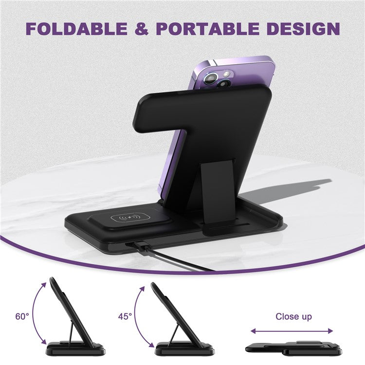 Q50A 3-in-1 Foldable Wireless Charger Desktop Phone Watch Earphone Fast Charging Dock Stand - Black