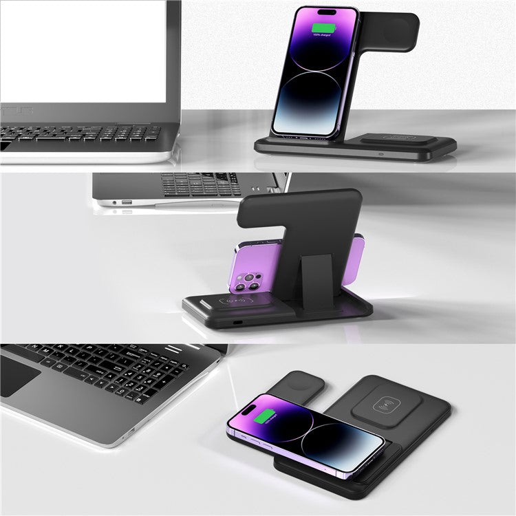 Q50A 3-in-1 Foldable Wireless Charger Desktop Phone Watch Earphone Fast Charging Dock Stand - Black