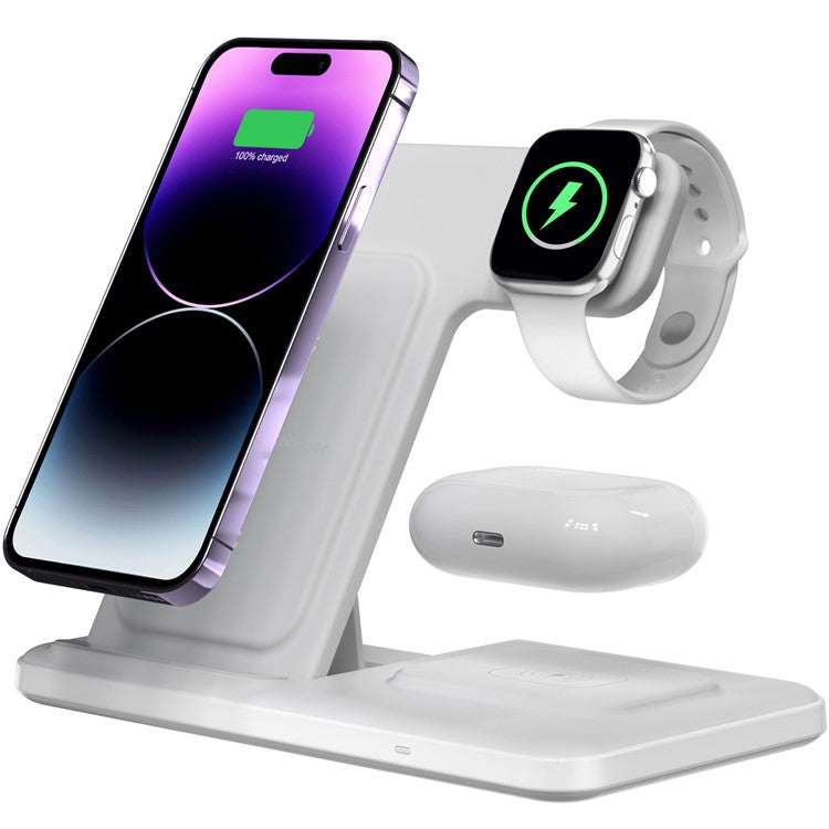 Q50A 3-in-1 Foldable Wireless Charger Desktop Phone Watch Earphone Fast Charging Dock Stand - White