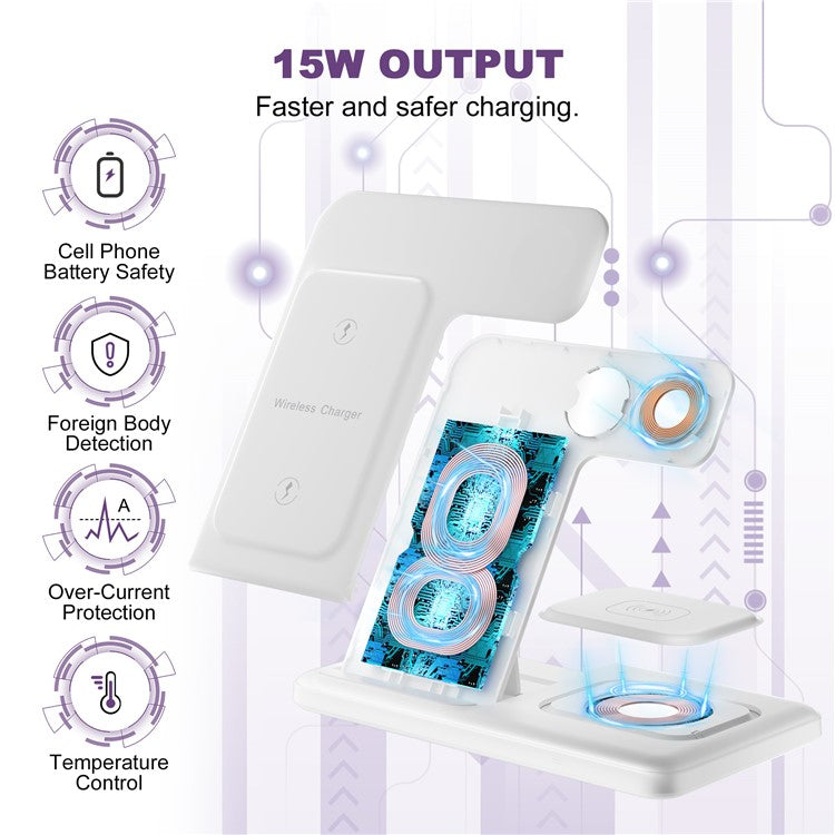 Q50A 3-in-1 Foldable Wireless Charger Desktop Phone Watch Earphone Fast Charging Dock Stand - White