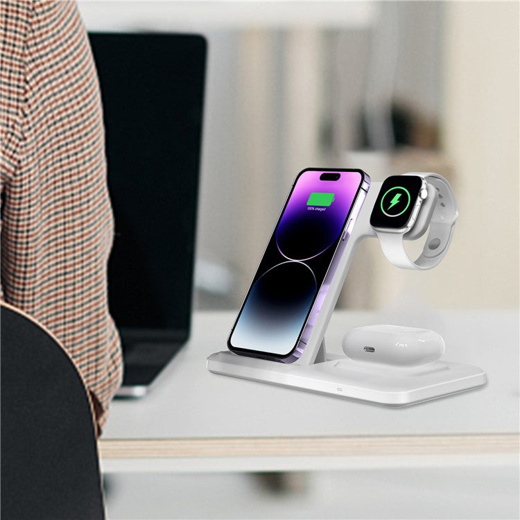 Q50A 3-in-1 Foldable Wireless Charger Desktop Phone Watch Earphone Fast Charging Dock Stand - White