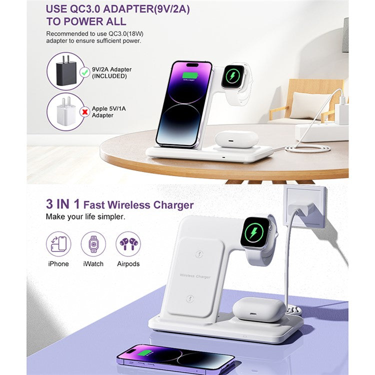 Q50A 3-in-1 Foldable Wireless Charger Desktop Phone Watch Earphone Fast Charging Dock Stand - White