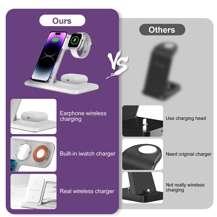 Q50A 3-in-1 Foldable Wireless Charger Desktop Phone Watch Earphone Fast Charging Dock Stand - White