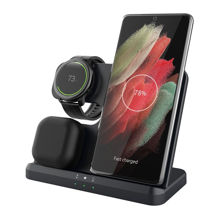 Q10B For Samsung Watch Earphone Phone 3-in-1 Desktop Wireless Charger Cellphone Fast Charging Stand - Black