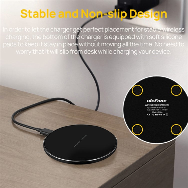 ULEFONE UF005 Round Wireless Charger 15W Max Fast Wireless Charging Pad 6.5mm Ultra-thin Compact Phone Charger