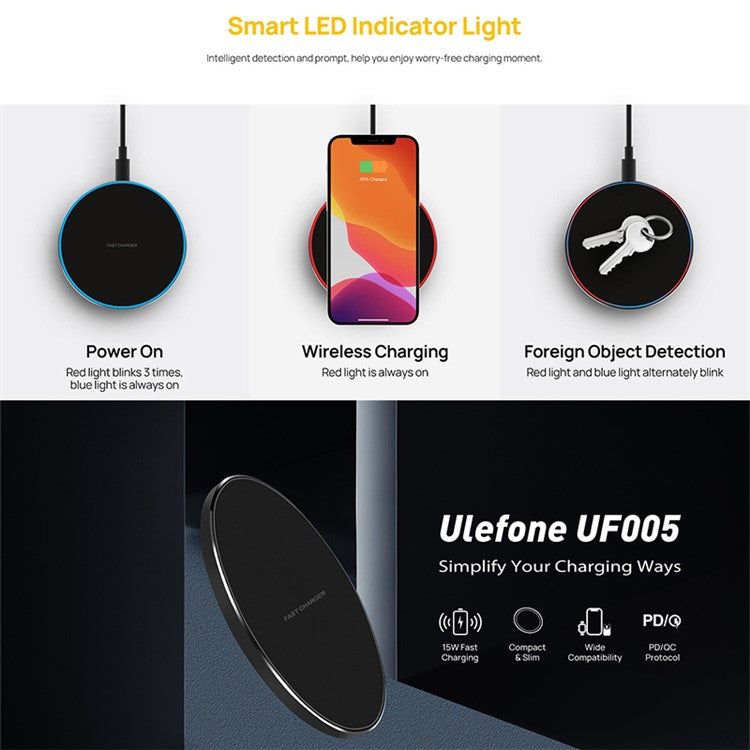 ULEFONE UF005 Round Wireless Charger 15W Max Fast Wireless Charging Pad 6.5mm Ultra-thin Compact Phone Charger