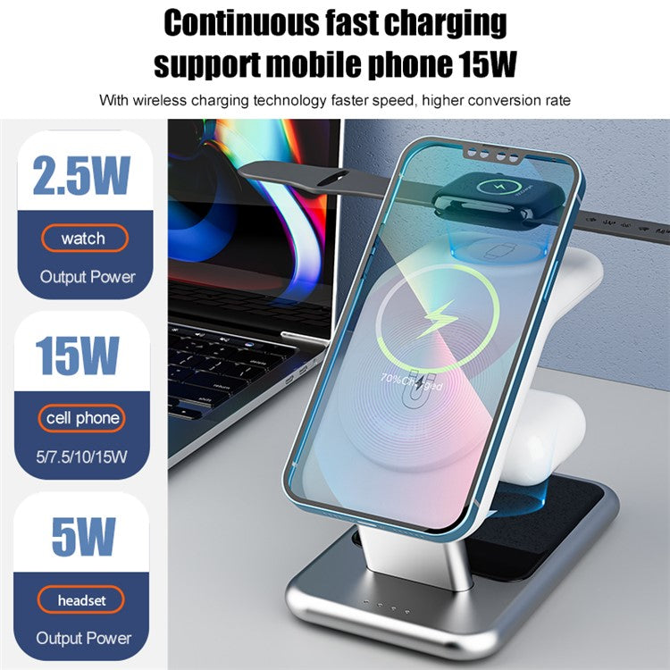 Y10 3-in-1 15W Magnetic Wireless Charger, for iPhone 12  /  13  /  14 Series  /  iWatch  /  AirPods Alloy+PC Desktop Charging Stand - White