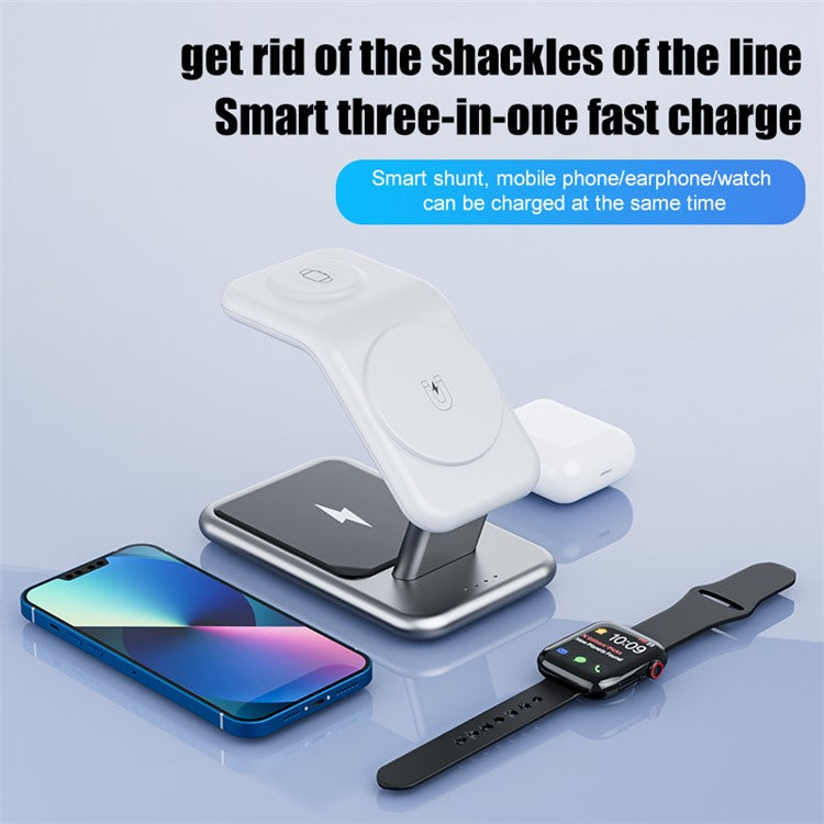 Y10 3-in-1 15W Magnetic Wireless Charger, for iPhone 12  /  13  /  14 Series  /  iWatch  /  AirPods Alloy+PC Desktop Charging Stand - White