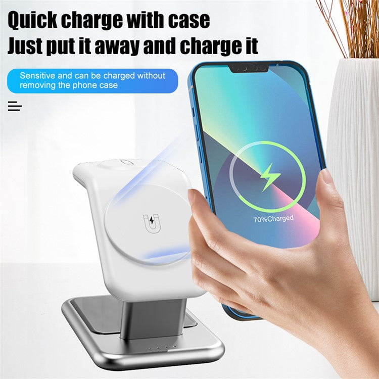 Y10 3-in-1 15W Magnetic Wireless Charger, for iPhone 12  /  13  /  14 Series  /  iWatch  /  AirPods Alloy+PC Desktop Charging Stand - Black